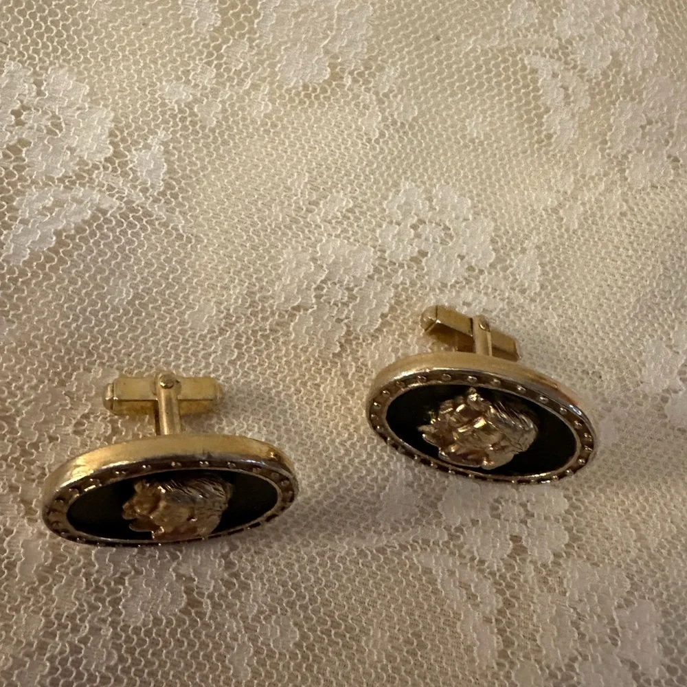 Vintage Cuff Links Gold TONED Black Inlay - Rare